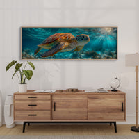 Sea Turtle Swimming In Sunlit Ocean