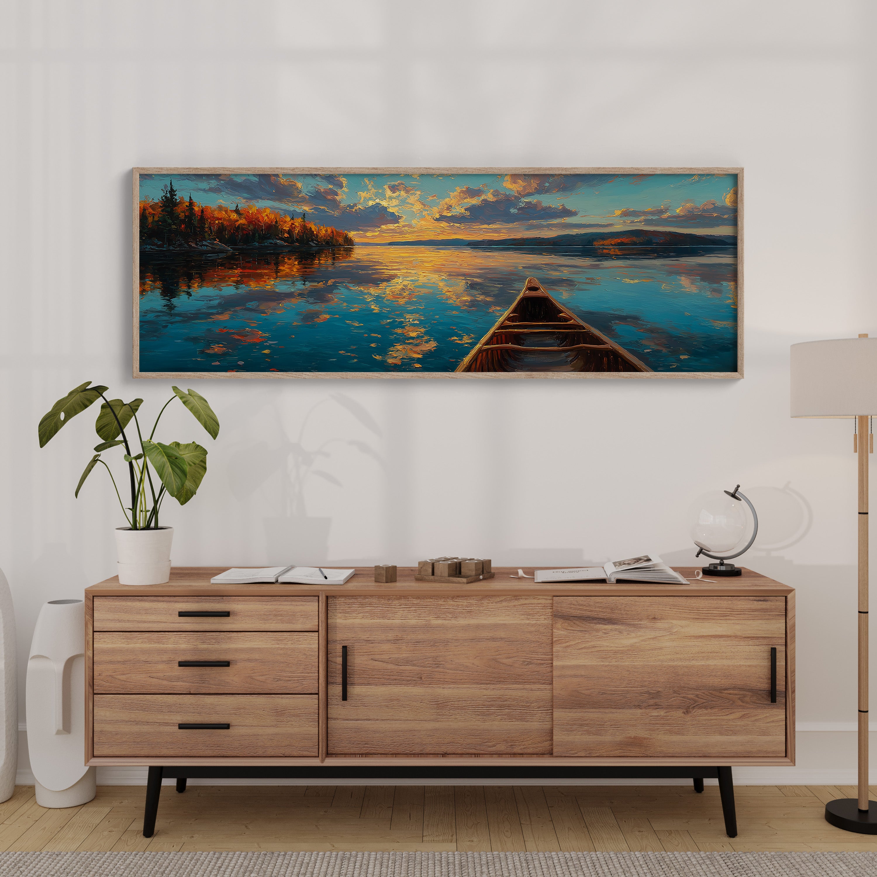 Canoe Drifting Across A Golden Lake