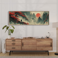 Red Sun Over Misty Mountain Peaks