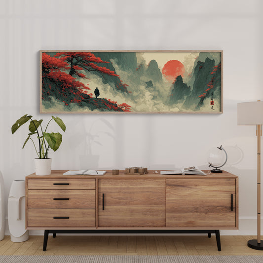 Red Sun Over Misty Mountain Peaks