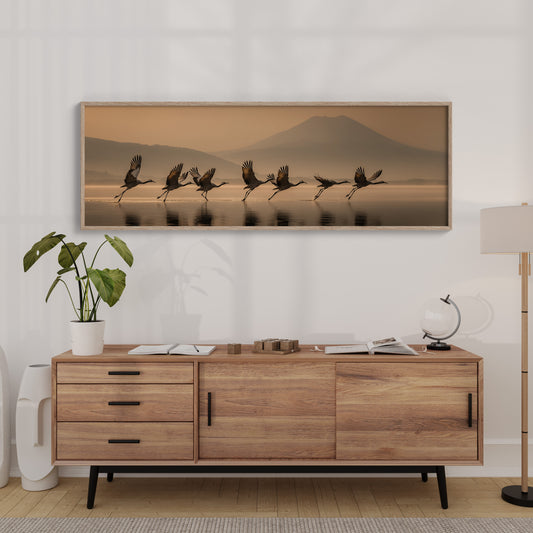 Cranes Rising Across Quiet Waters