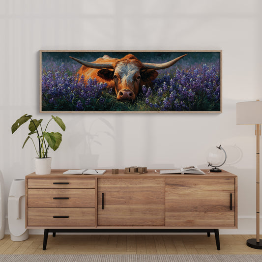 Texas Longhorn Resting in Bluebonnet Meadow