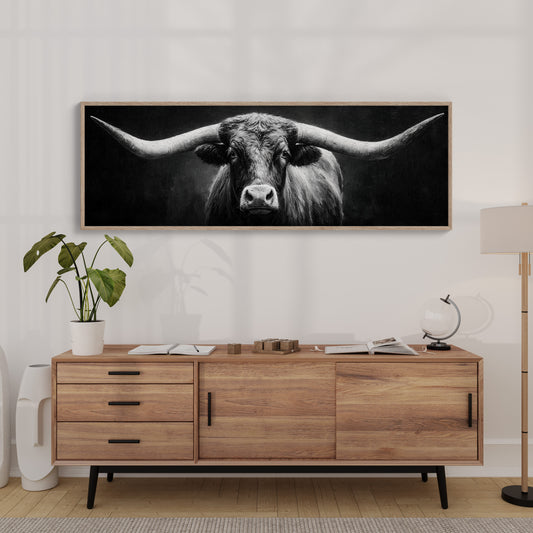Black and White Longhorn Portrait on Dark Background