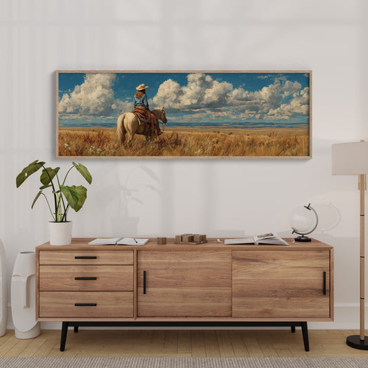 Cowgirl on Horse Overlooking Wide Western Prairie