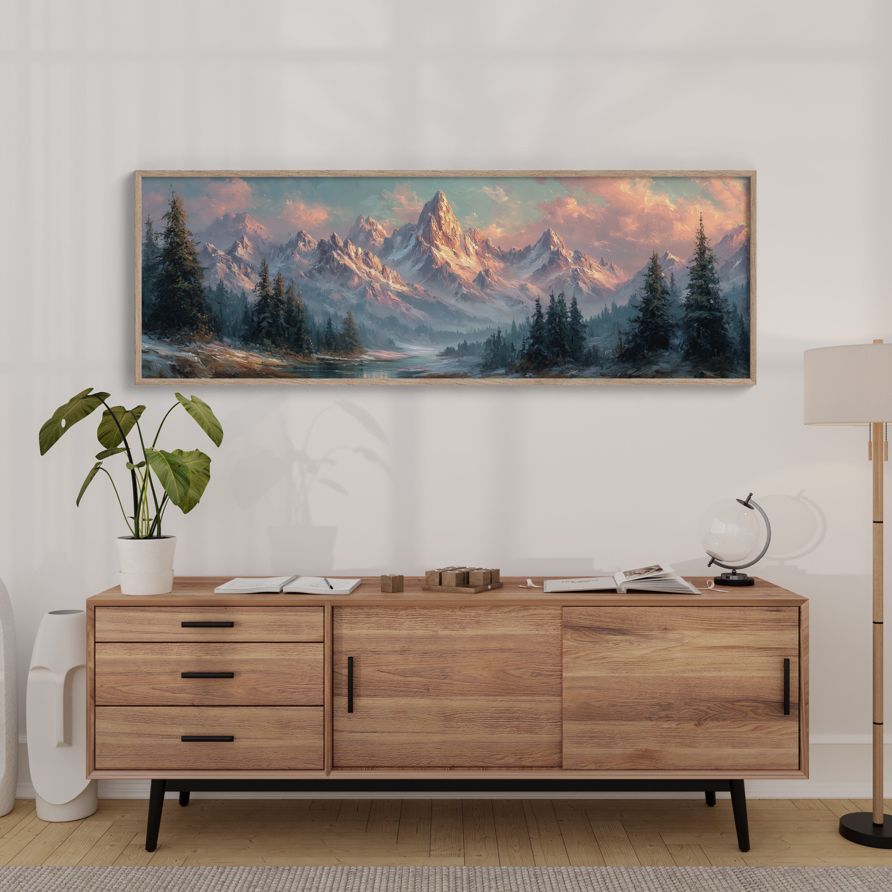 Sunlit Mountain Peaks at Dawn Over Frosted Forest