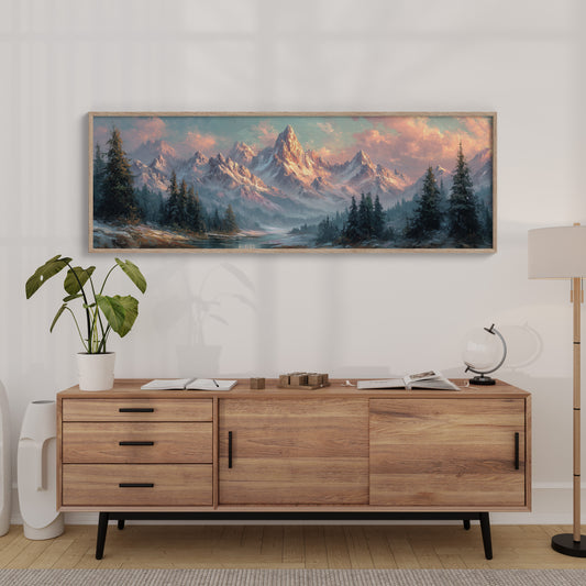 Sunlit Mountain Peaks at Dawn Over Frosted Forest