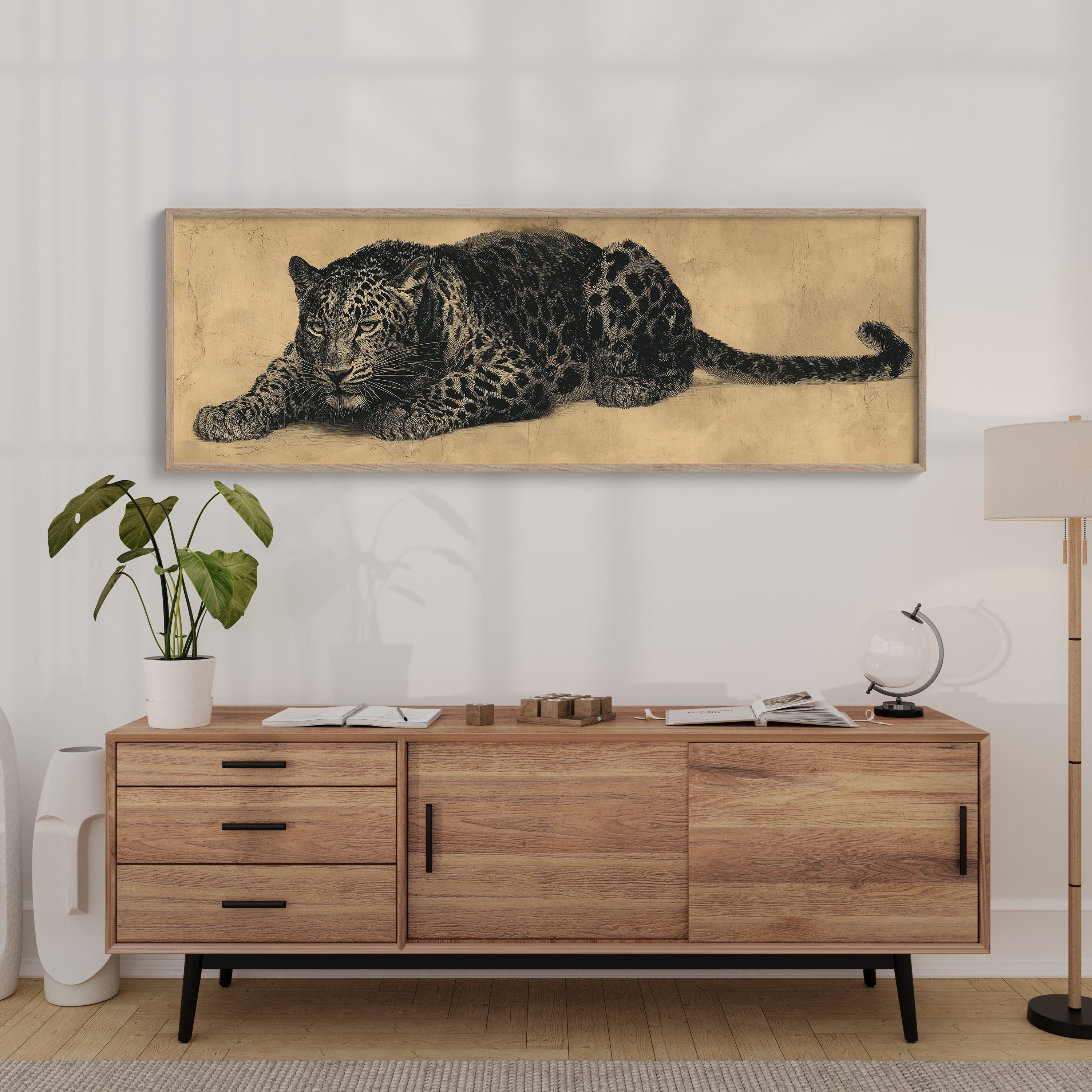 Vintage Leopard Illustration on Aged Paper Background