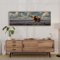 Texas Longhorn Standing in Blooming Bluebonnet Field
