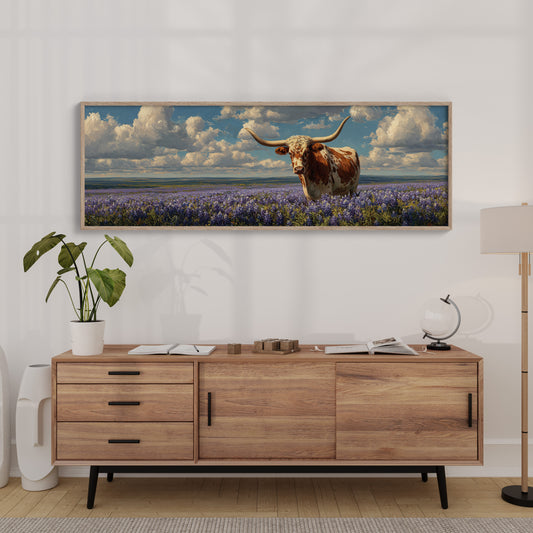 Texas Longhorn Standing in Blooming Bluebonnet Field