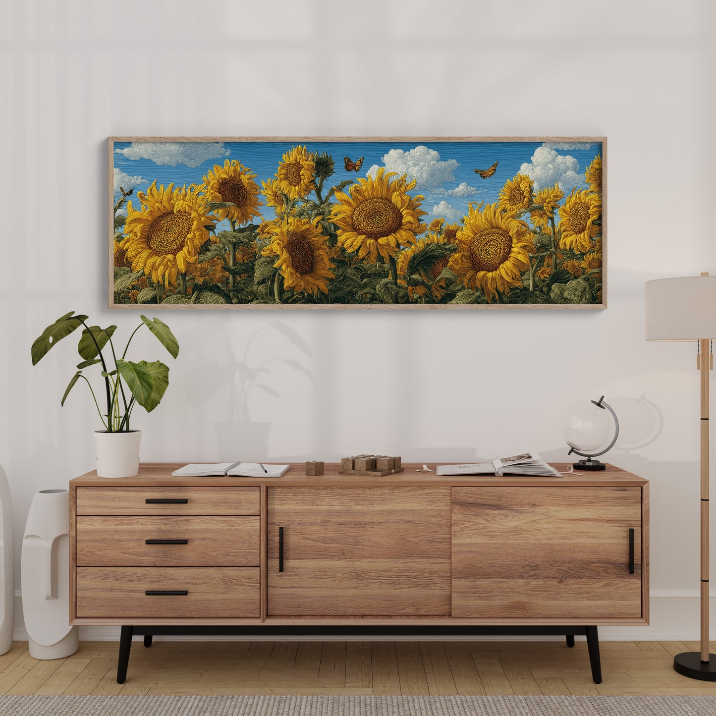 Sunflowers Beneath a Carved Sky