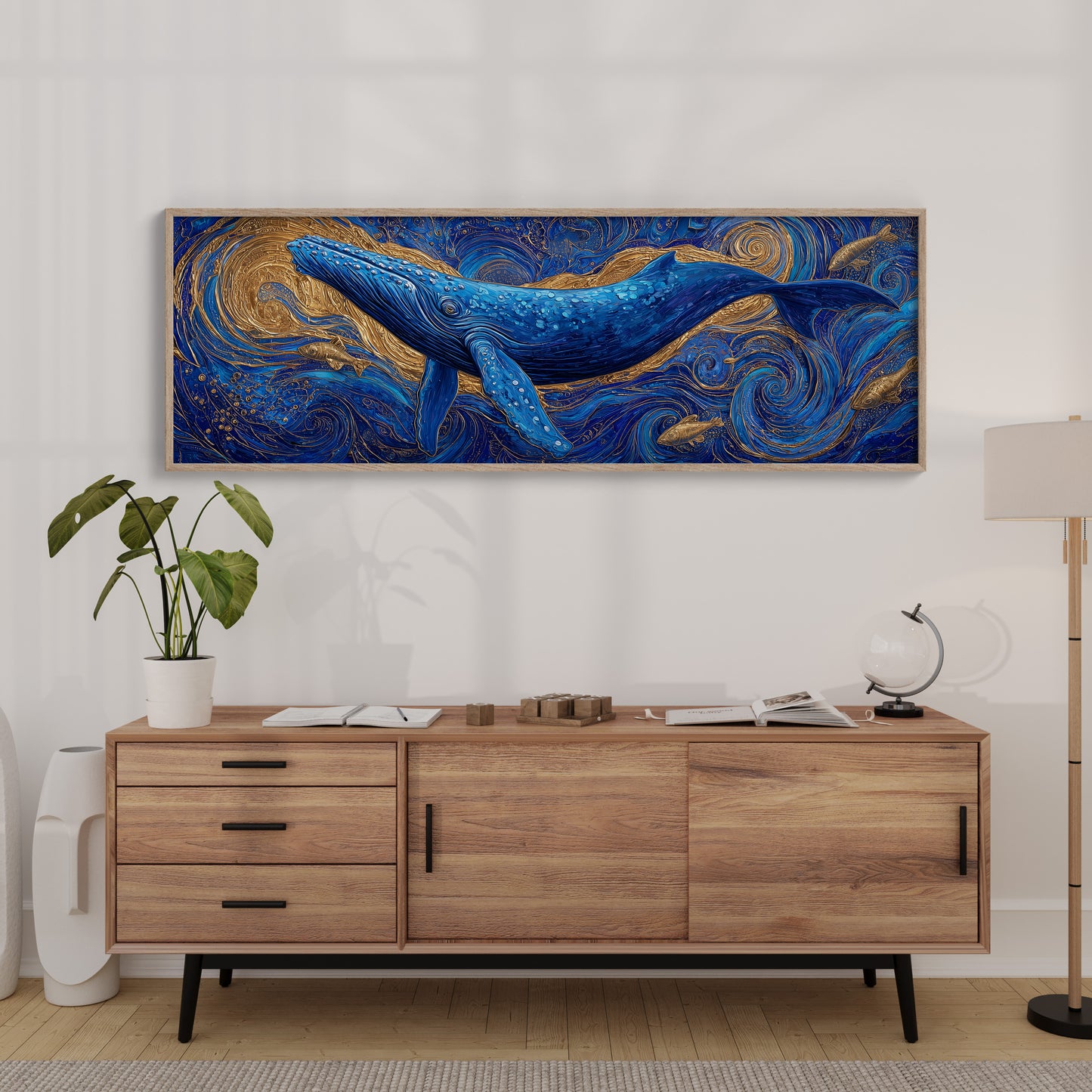 Majestic Blue Whale in Golden Ocean Swirl