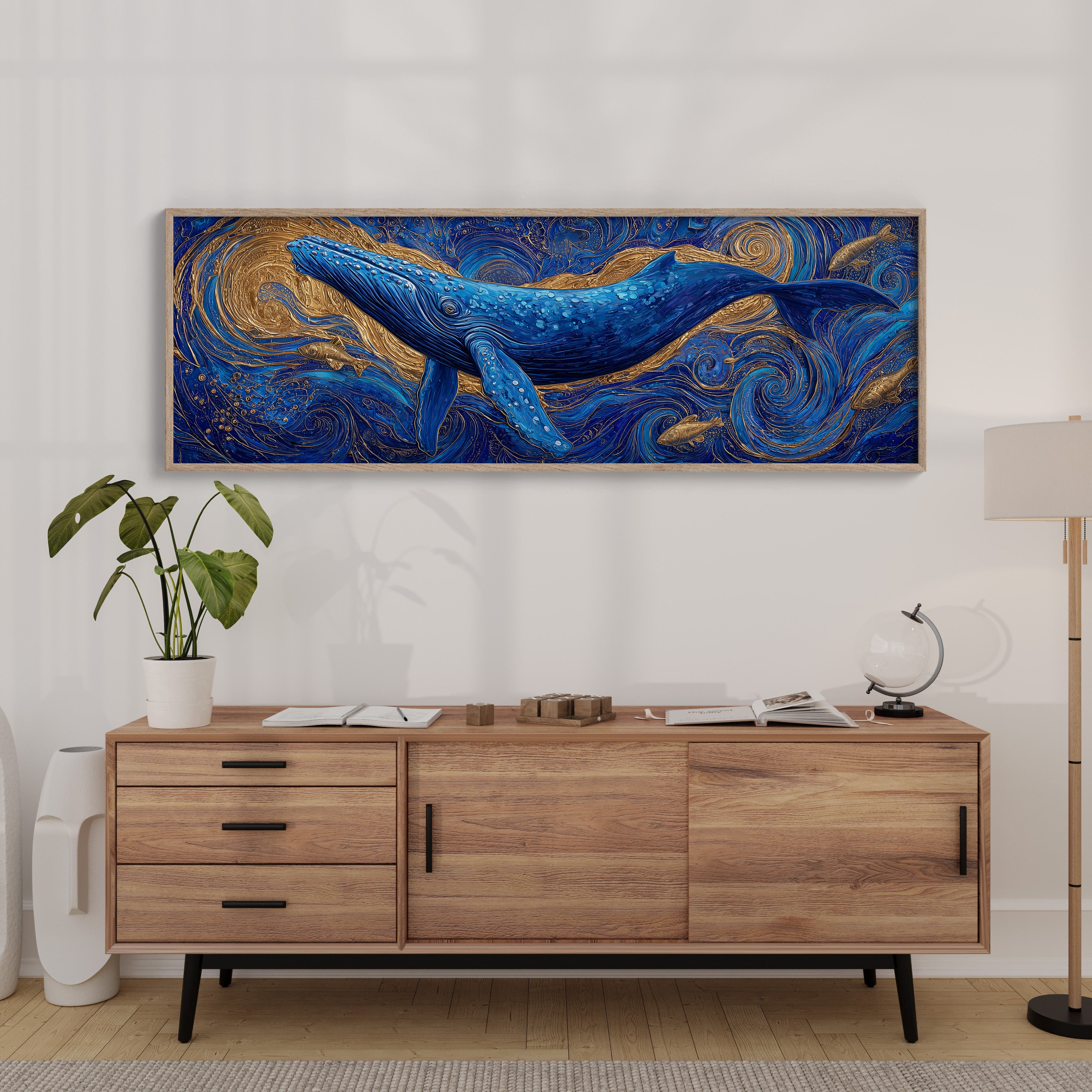 Majestic Blue Whale in Golden Ocean Swirl