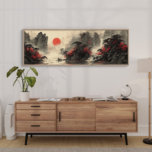 Crimson Trees Beneath a Rising Sun