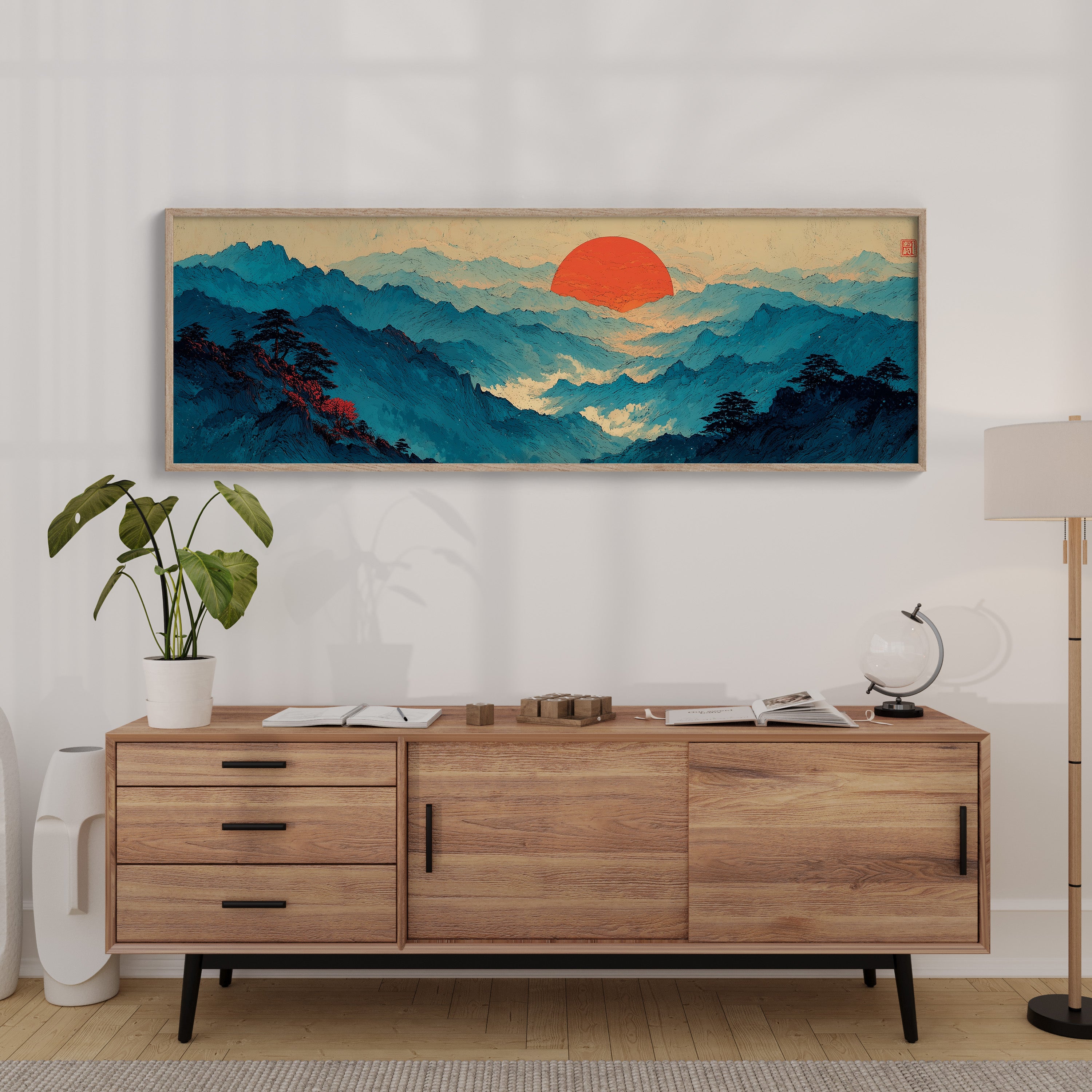 Crimson Sun Over Blue Mountain Seas