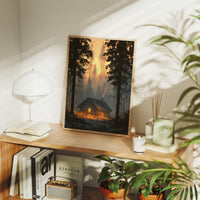 Cabin Glowing In Forest Fire Light