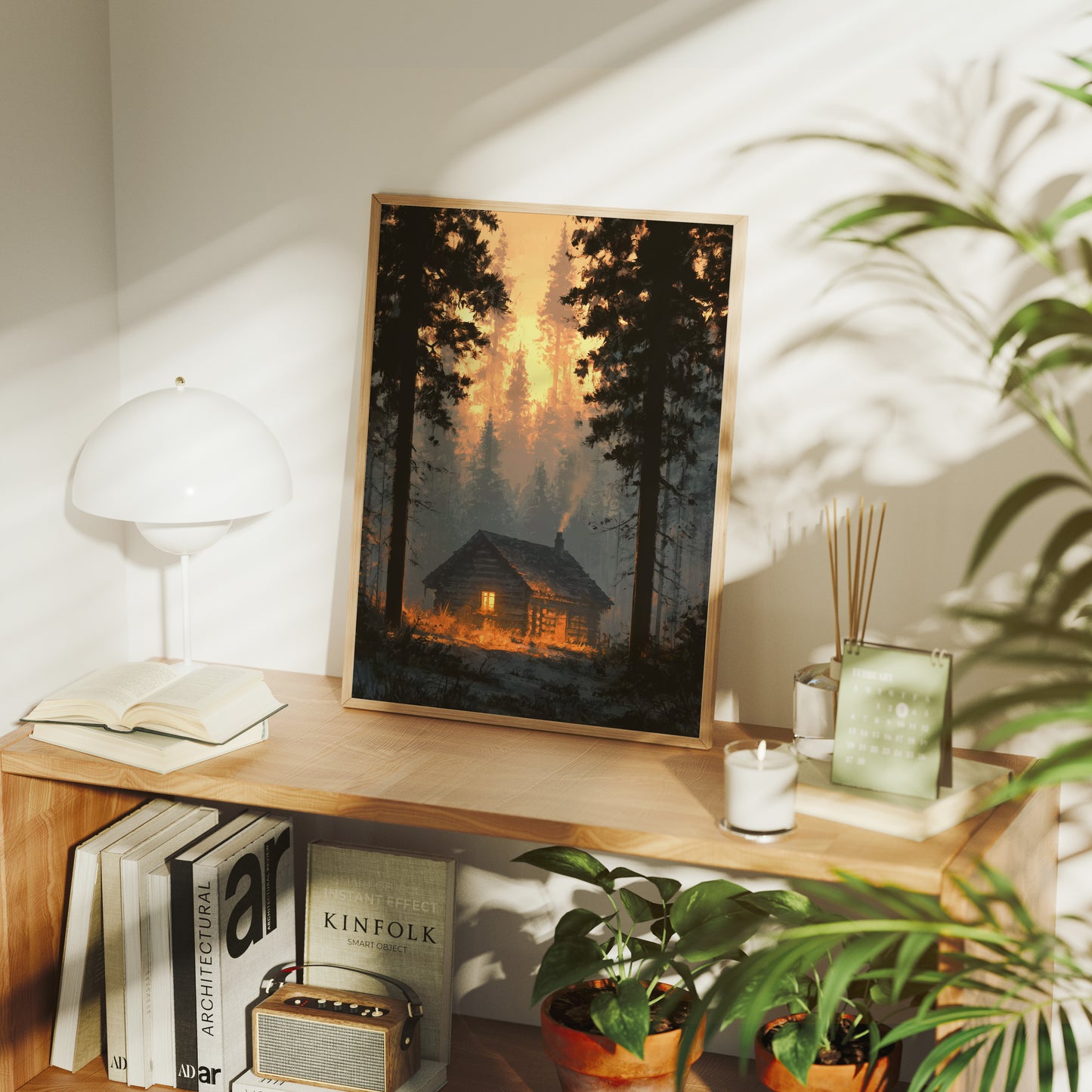 Cabin Glowing In Forest Fire Light
