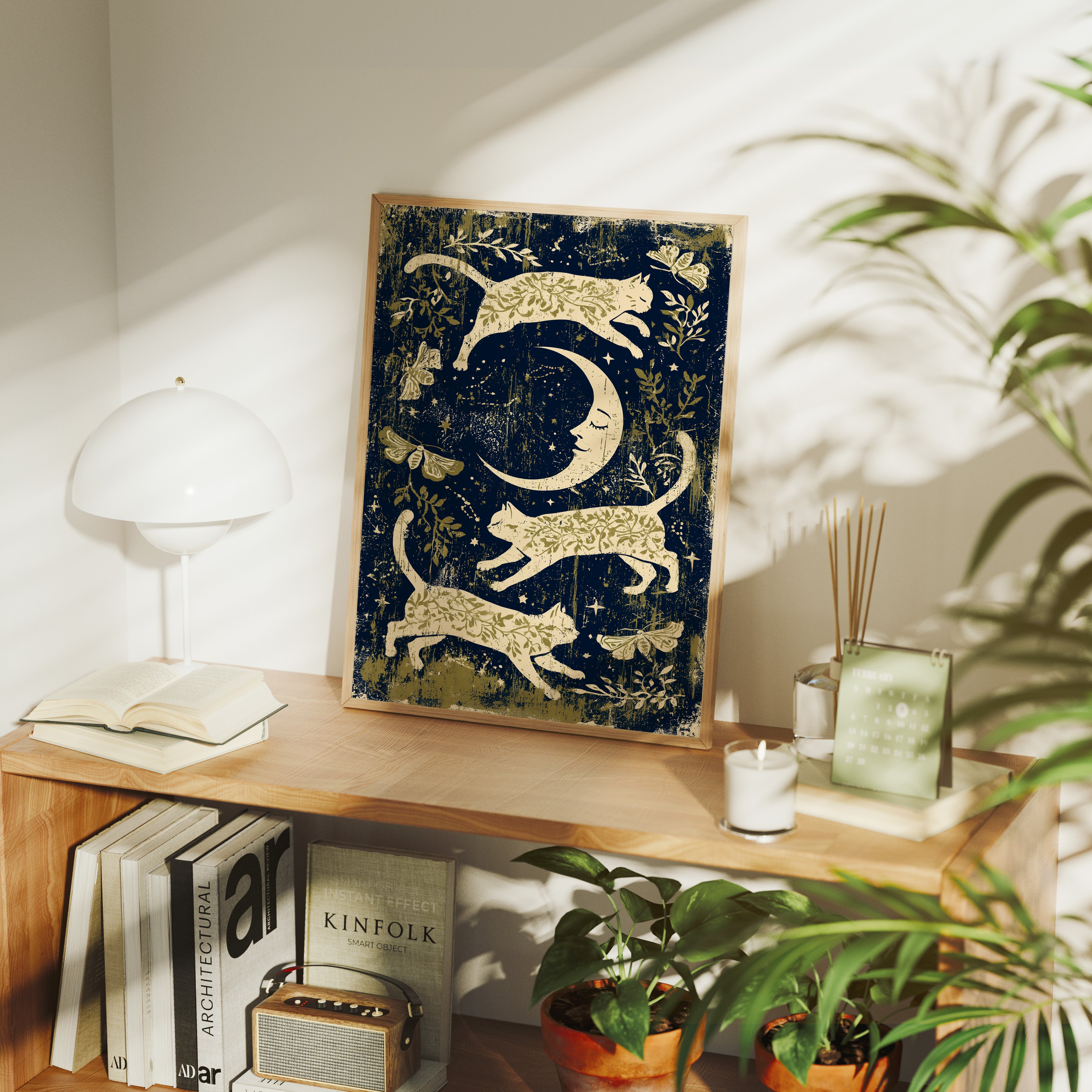 Cats Leaping Around Crescent Moon
