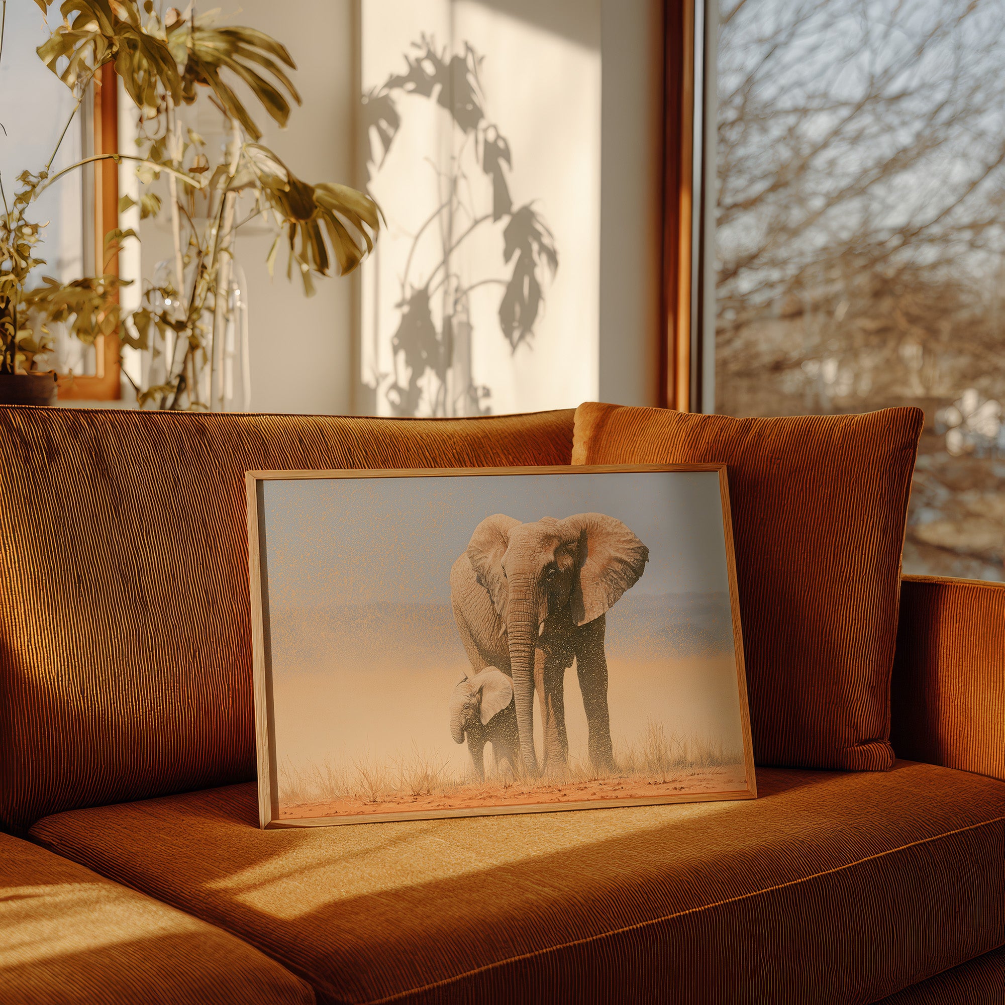 Elephant Mother, Dust and Calf