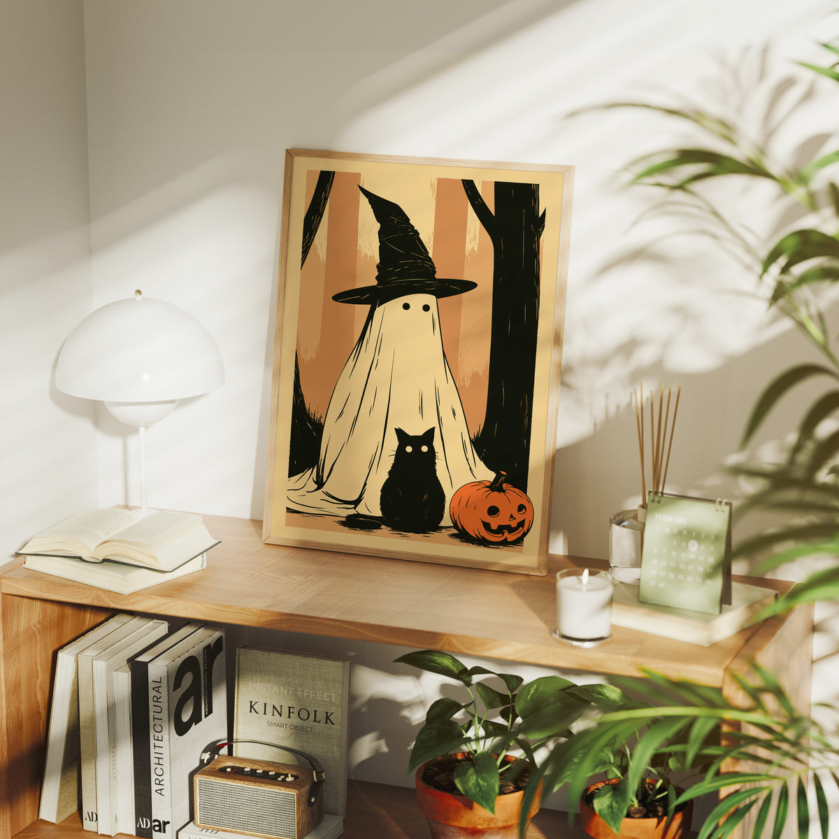 Ghost, Cat, and Jack-o'-Lantern