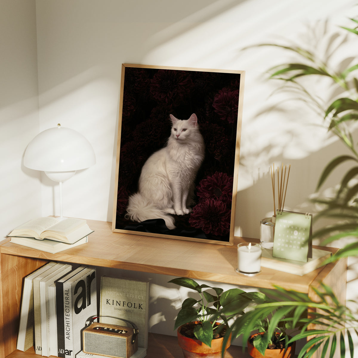 White Cat, Black Chrysanthemums
