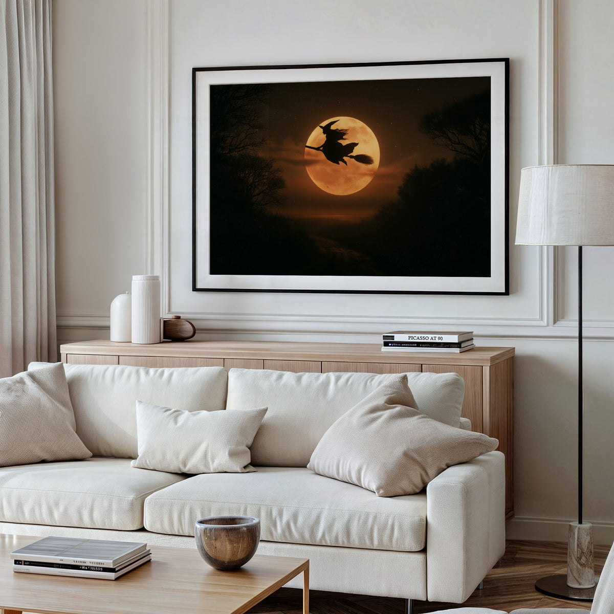 Witch Flying Across Full Moon
