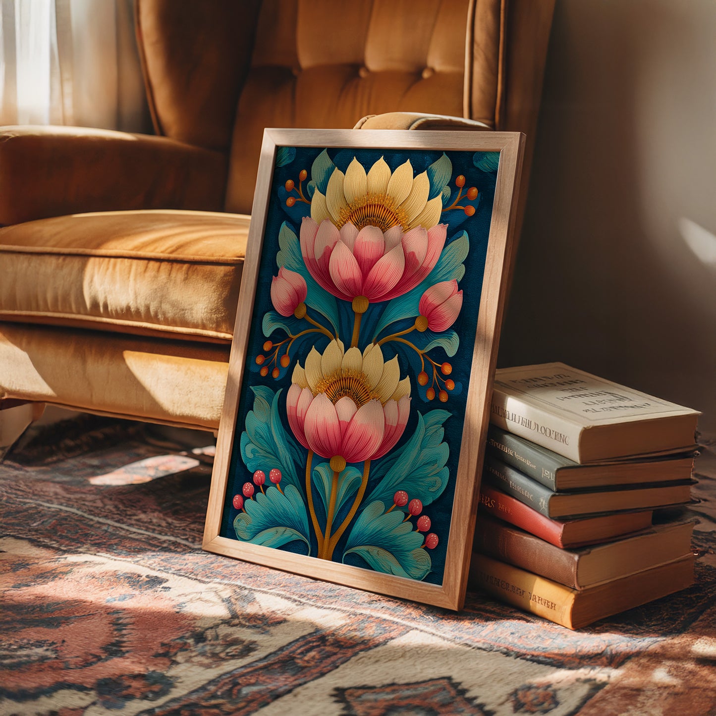 Folk Blooms on Deep Blue