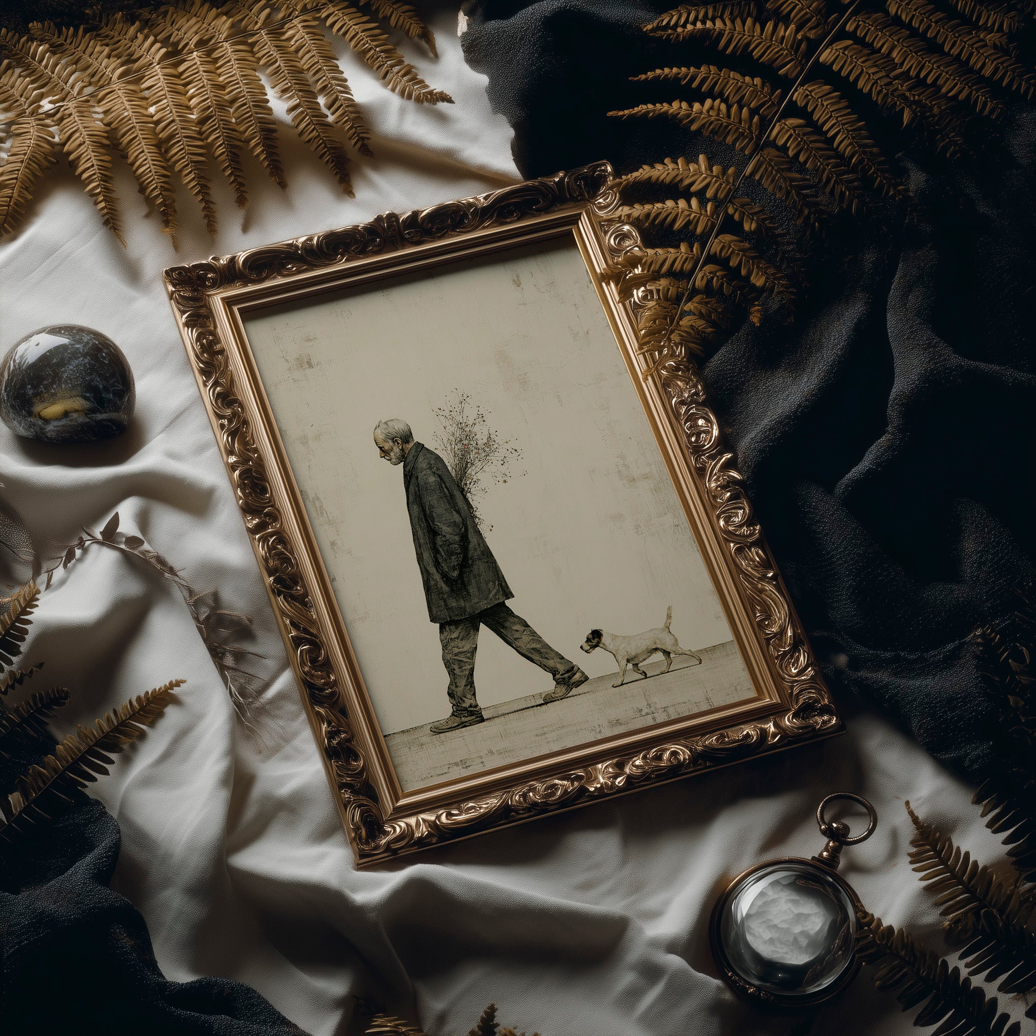 The Old Man Carrying Wildflowers — Surreal Figurative Print