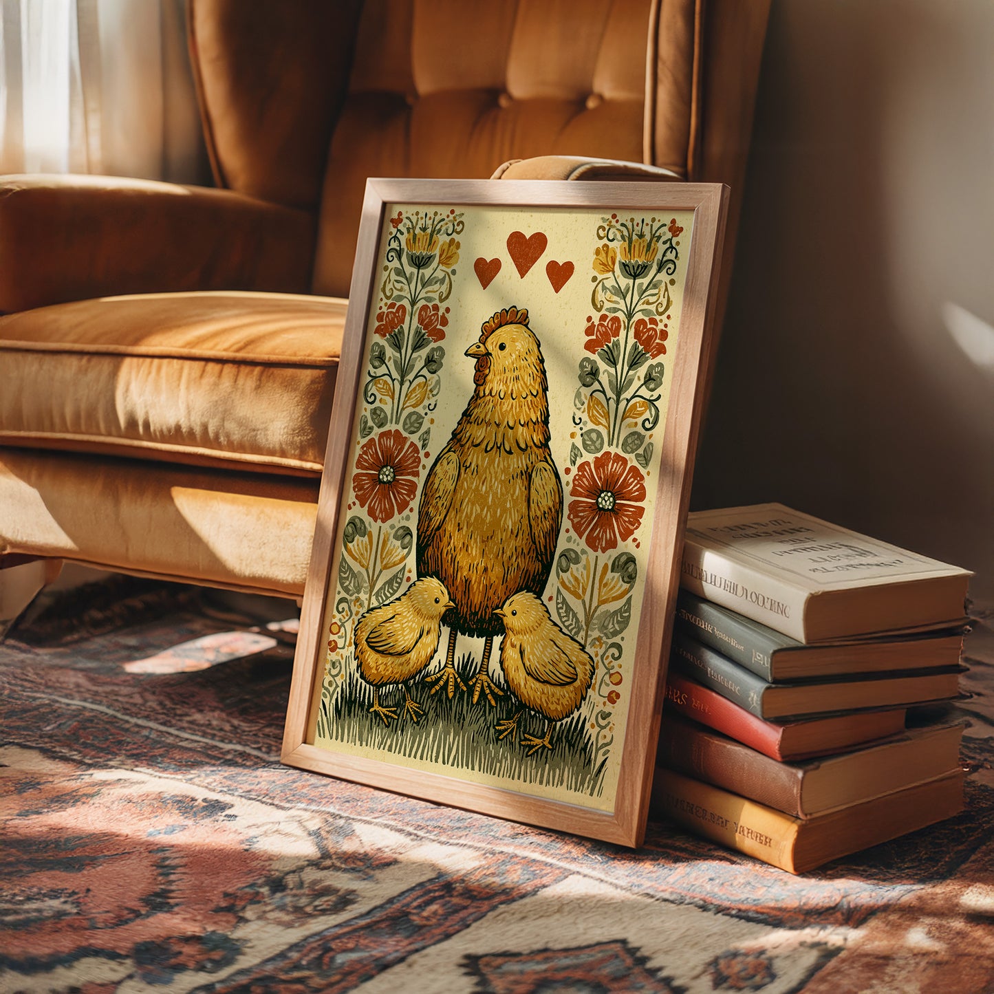 Mother Hen and Chicks — Poppy Border Folk Art Print