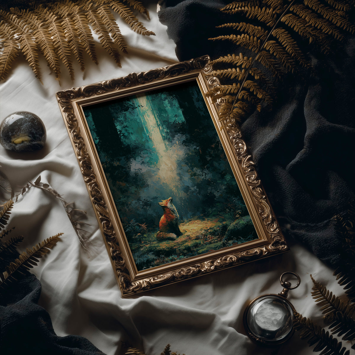 Fox in the Cathedral Light — Dark Forest Oil Painting