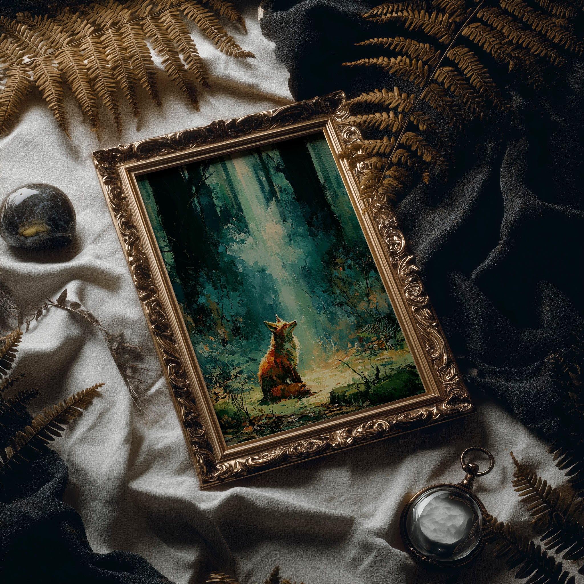 Fox in the Cathedral Light — Emerald Forest Oil Painting