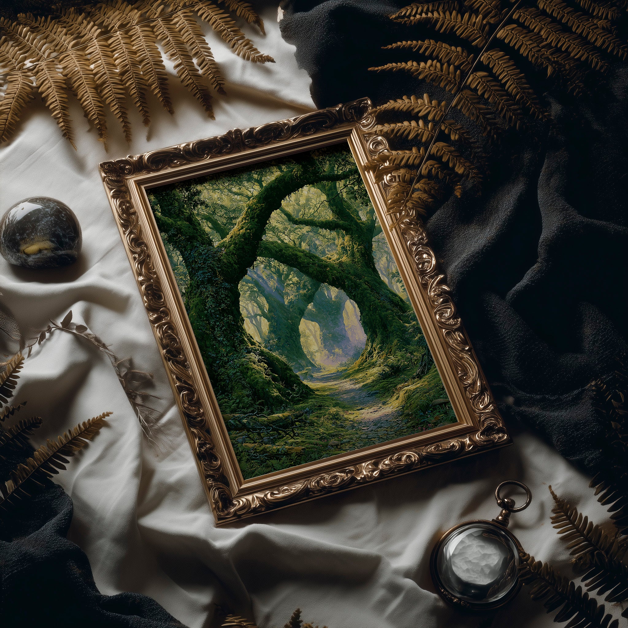 The Mossy Archway — Lavender Mist Forest Path Painting