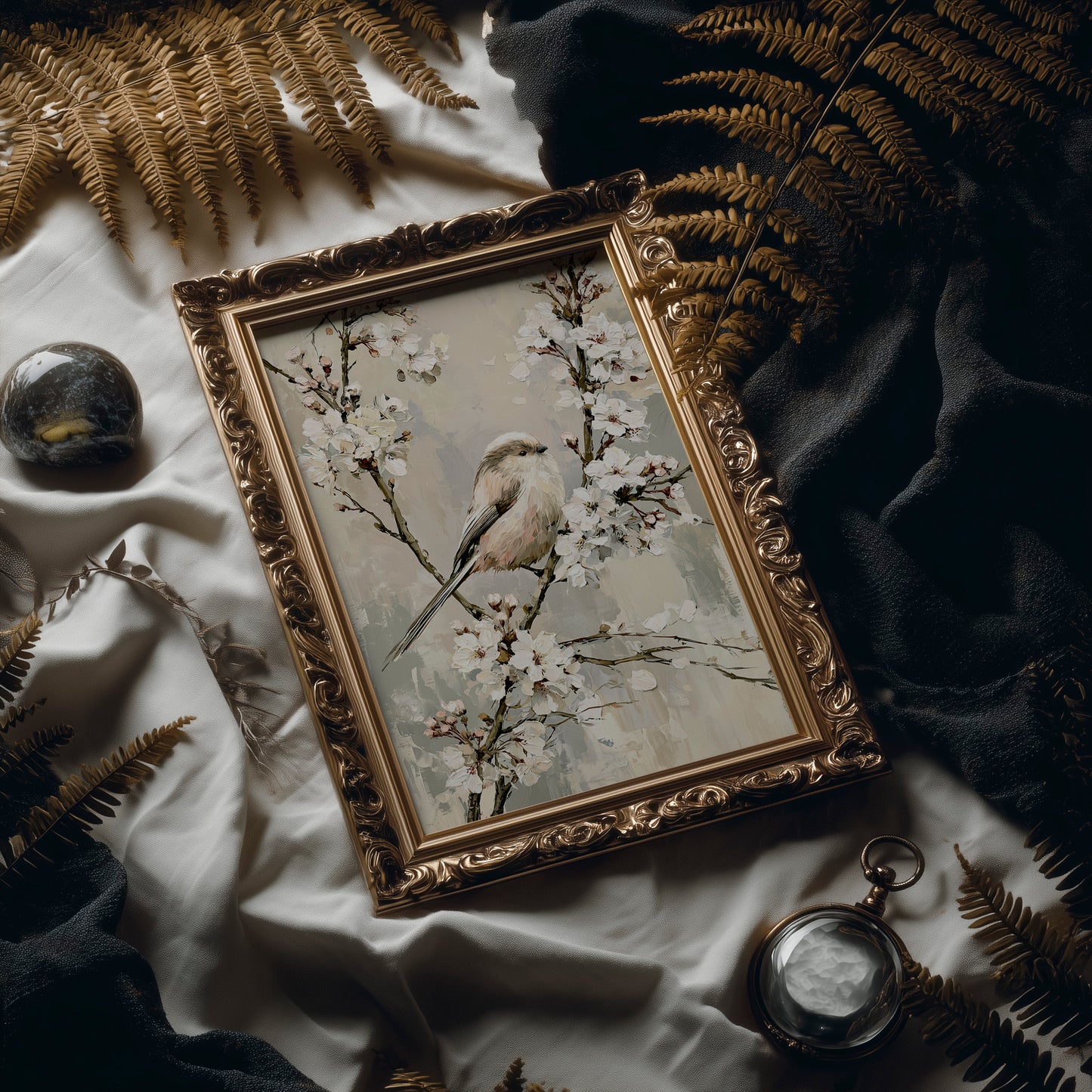 Long-Tailed Tit in Cherry Blossoms — Grey Taupe Oil Painting