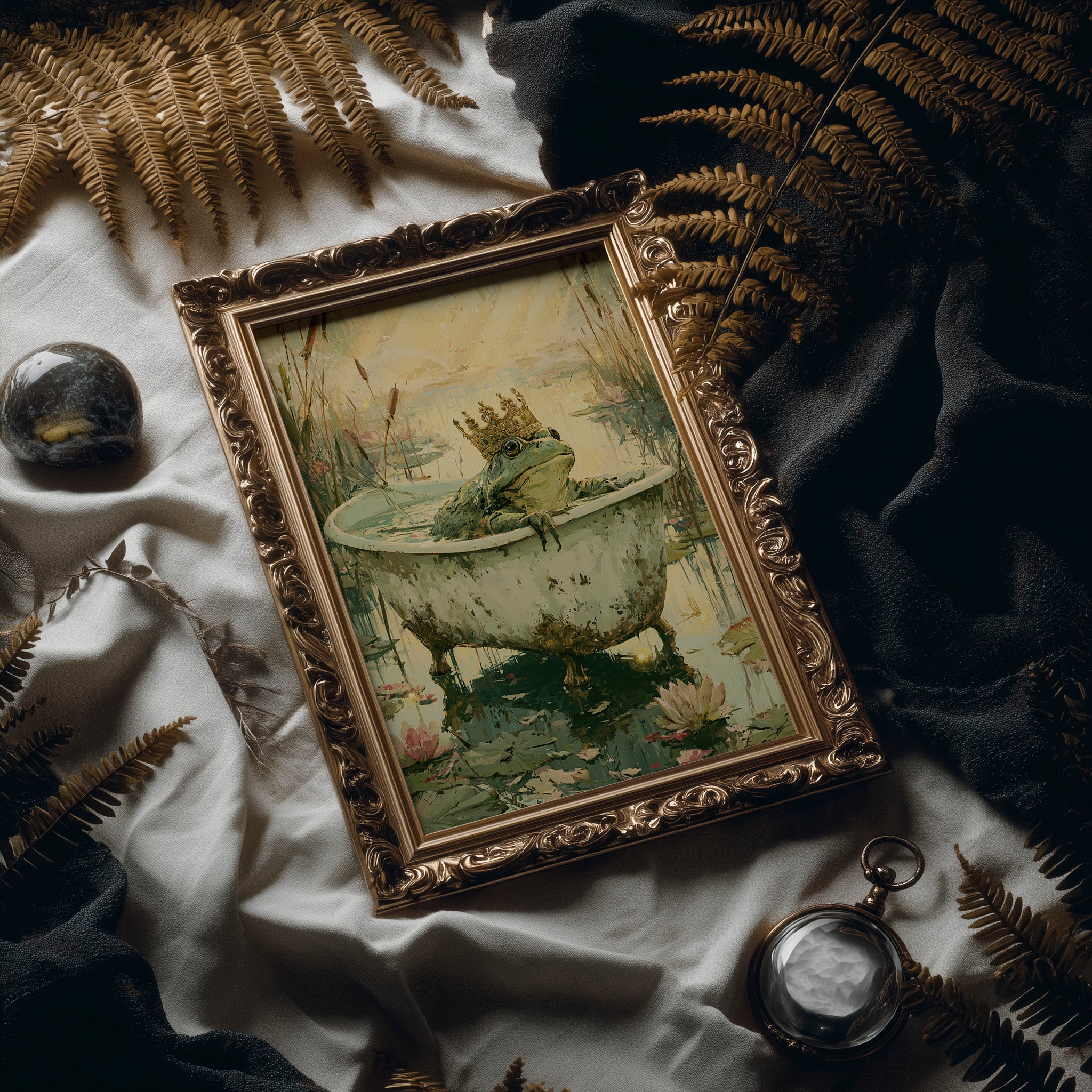 The Frog Prince's Bath — Golden Hour Pond Painting