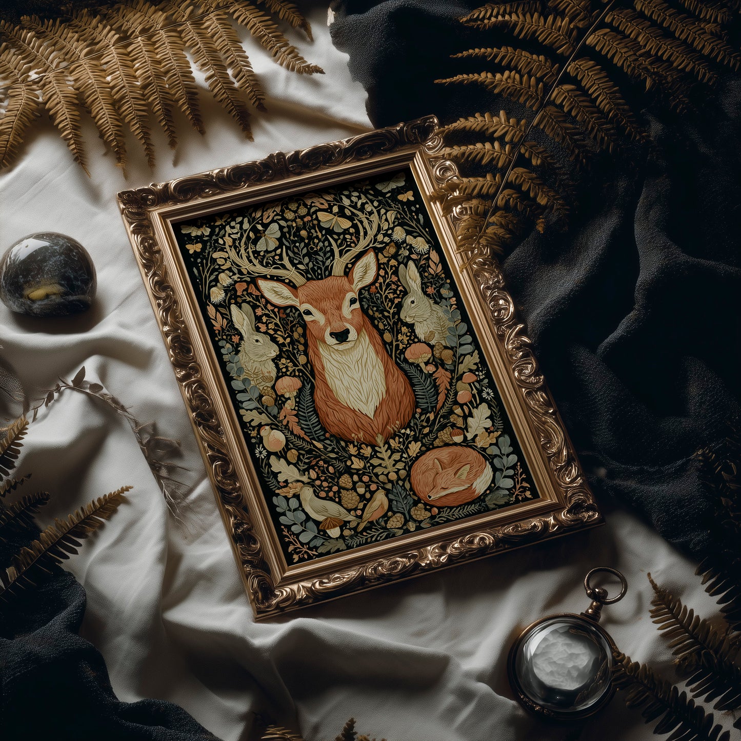 Woodland Tapestry — Dark Folk Art Deer and Forest Creatures