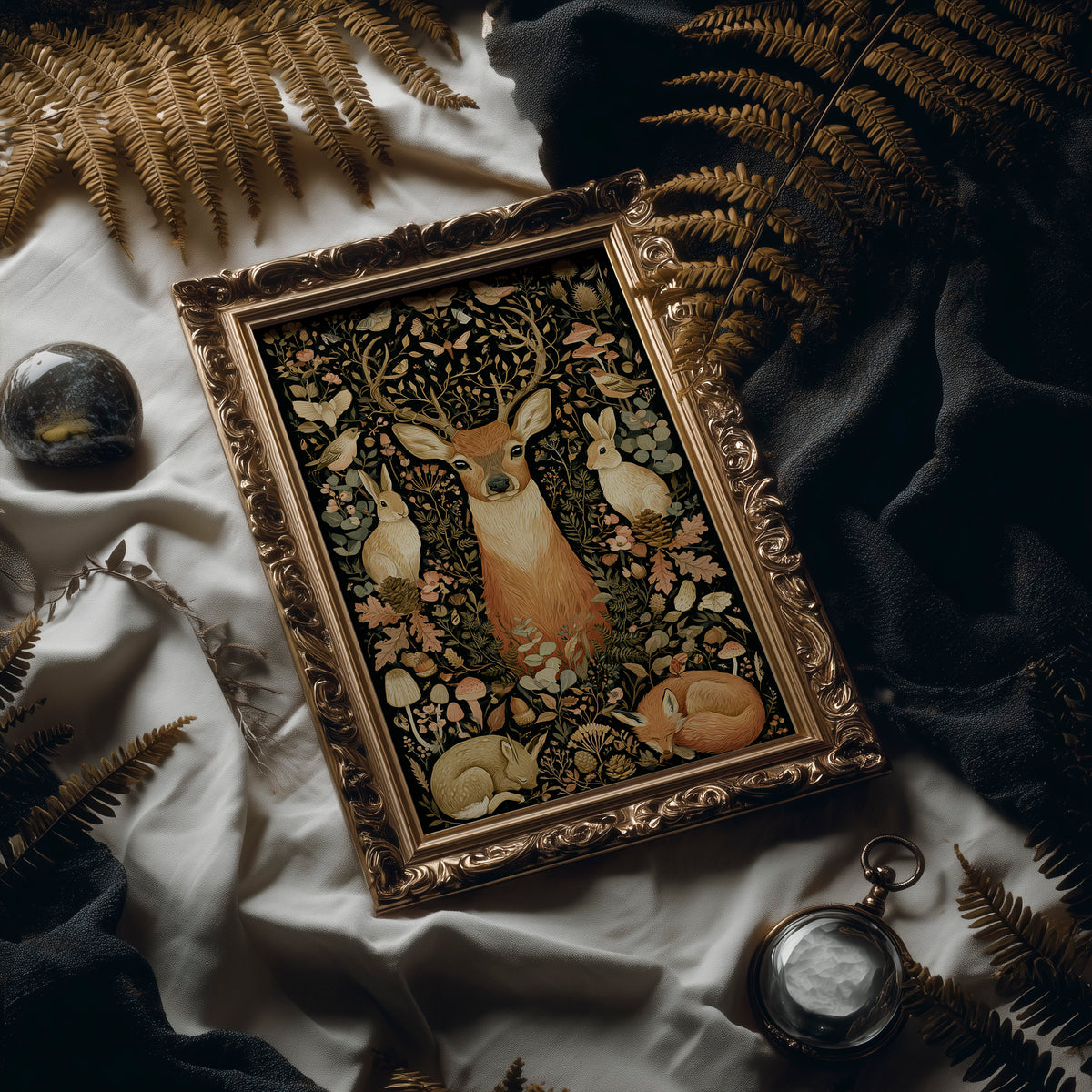 Woodland Tapestry — Blush and Gold Forest Creatures
