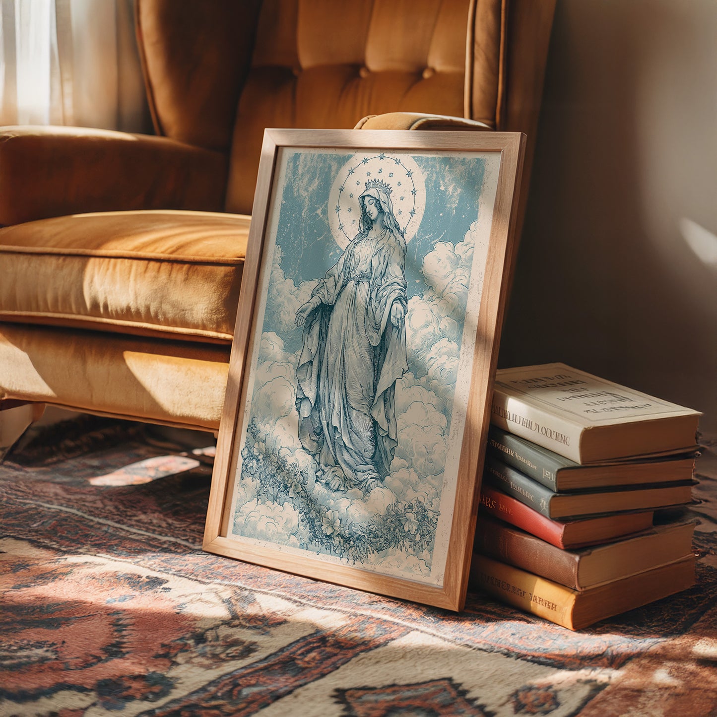 Our Lady of the Clouds — Vintage Blue Engraving Print