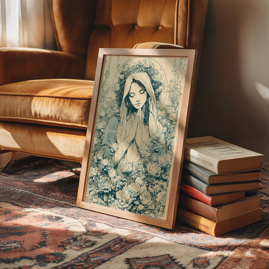 Madonna in Roses — Blue Wash Devotional Engraving