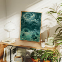The Kraken and the Maelstrom — Teal Maritime Horror Print