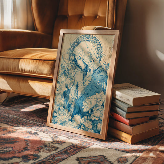 Madonna in Lilies — Cobalt Blue Devotional Engraving