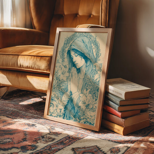 Madonna in Lilies — Teal Wash Devotional Portrait