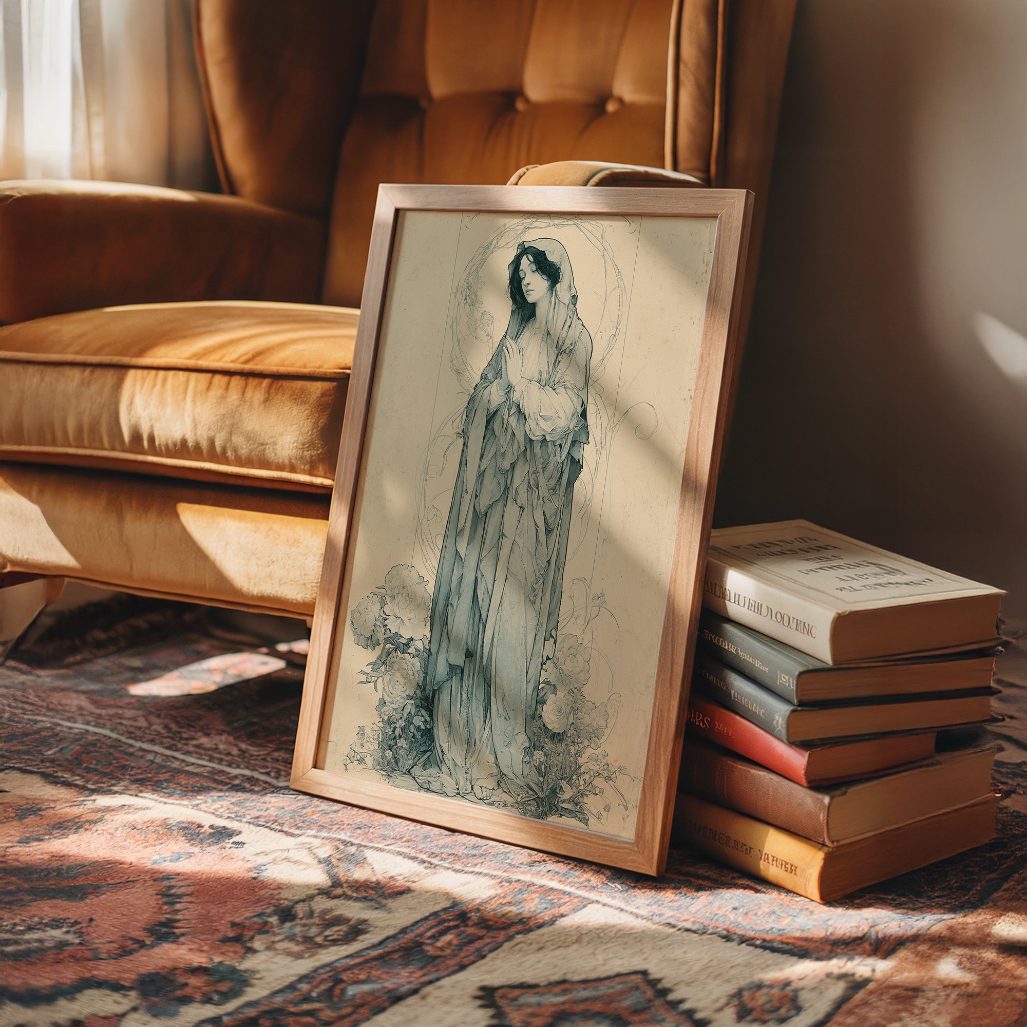 Madonna Among Peonies — Pre-Raphaelite Devotional Drawing