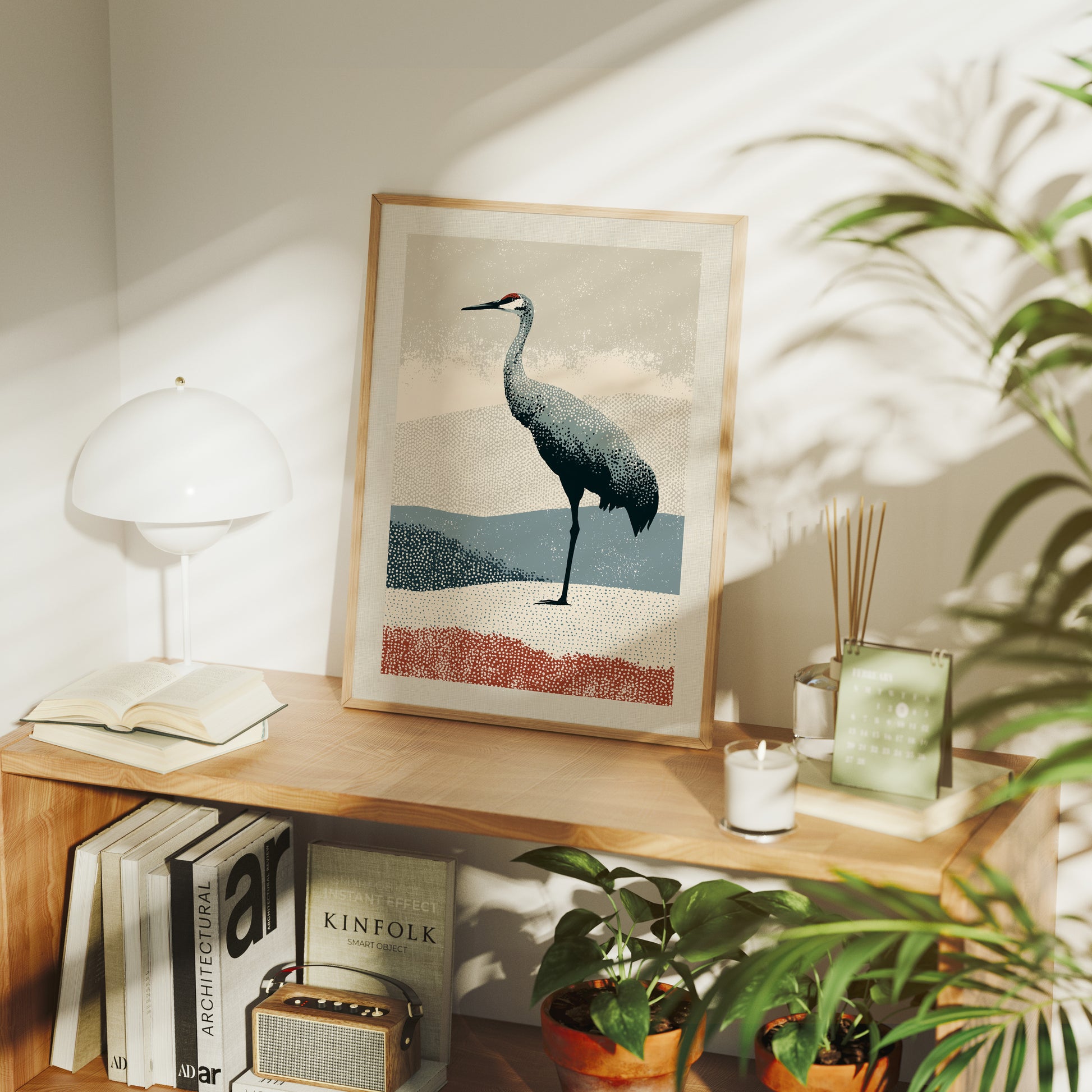 Stippled Crane: A Halftone Landscape
