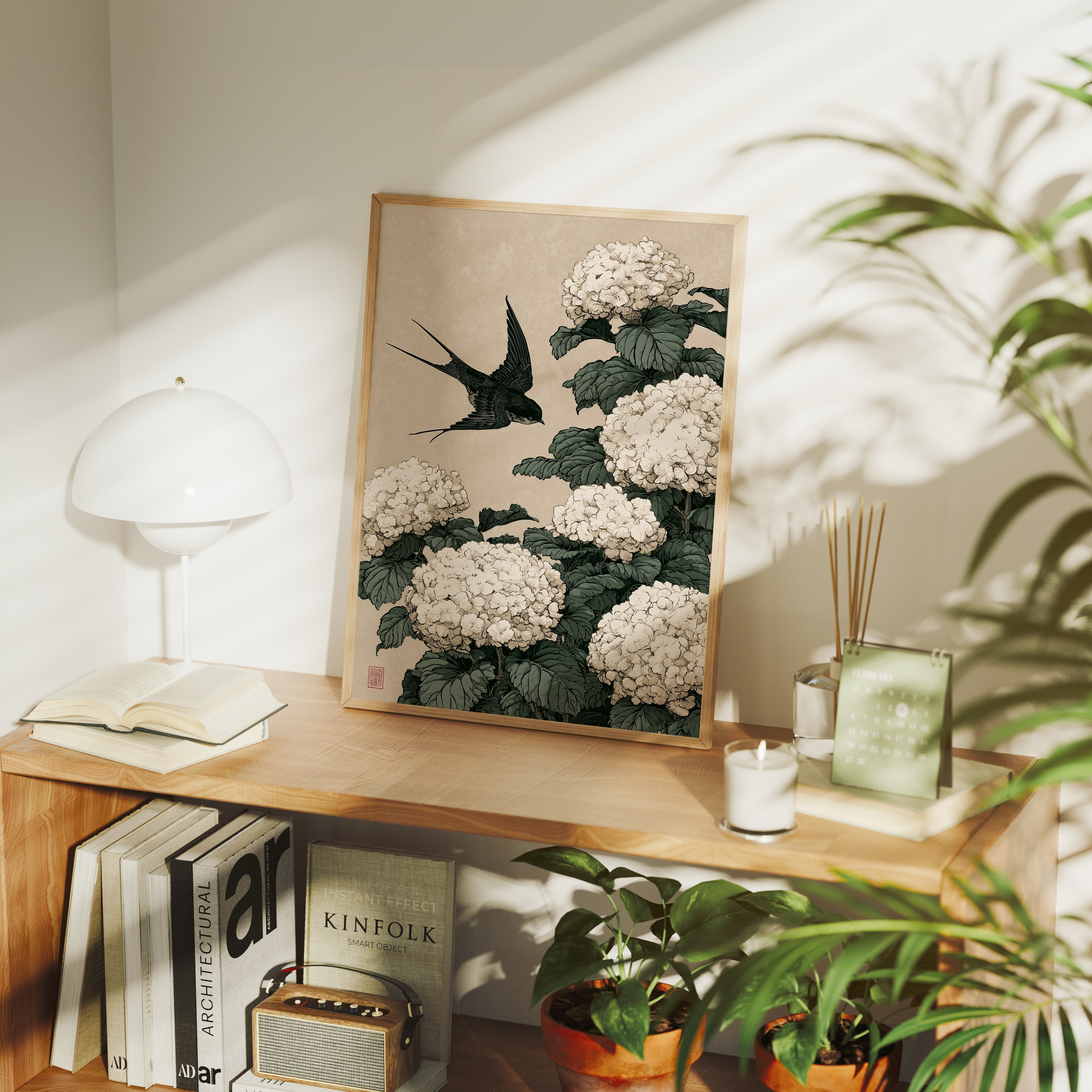Swallow's Descent Among Snowball Blooms