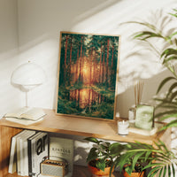 Golden Hour Reflections: Pine Forest at Sunset