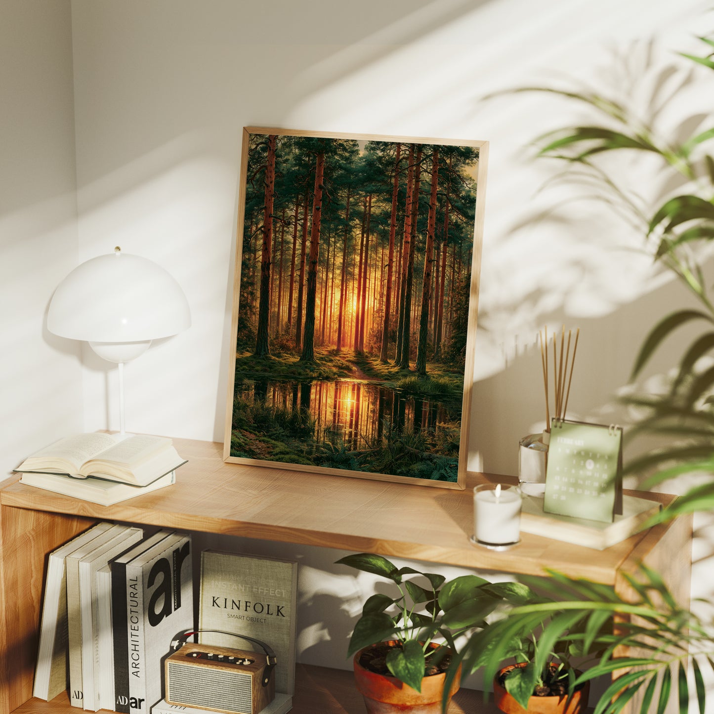 The Sunlit Path: Pine Forest Reflection at Dusk