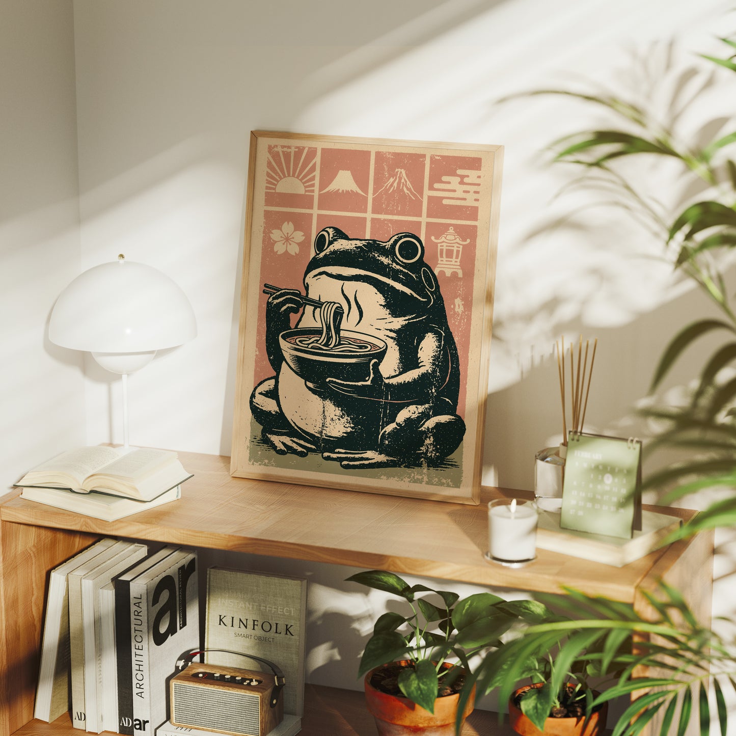 Steamy Ramen Toad: A Woodblock Frog's Slurp