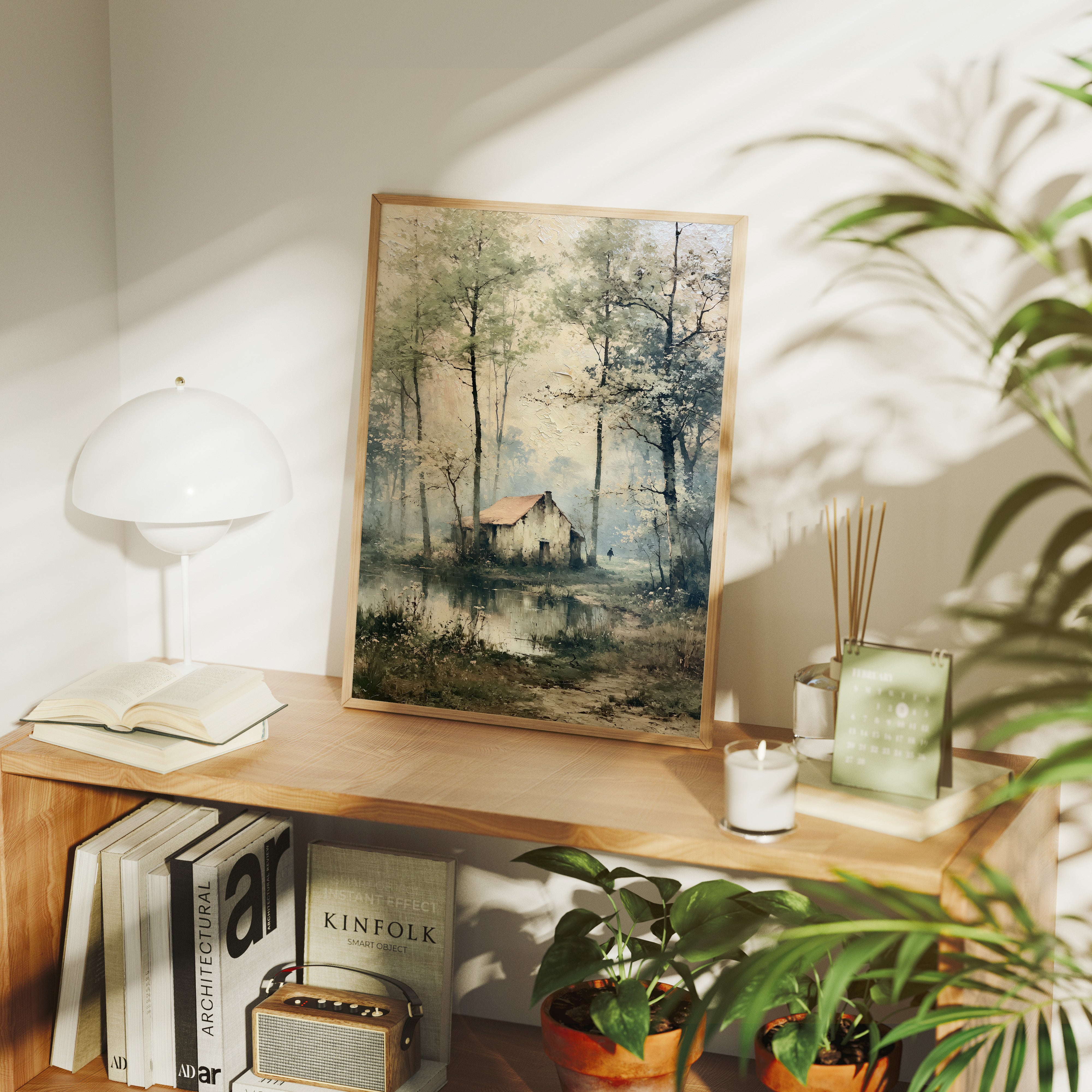 The Weathered Cottage: Misty Woodland Reflection