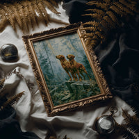 Retrievers Gazing Skyward in the Blue Forest