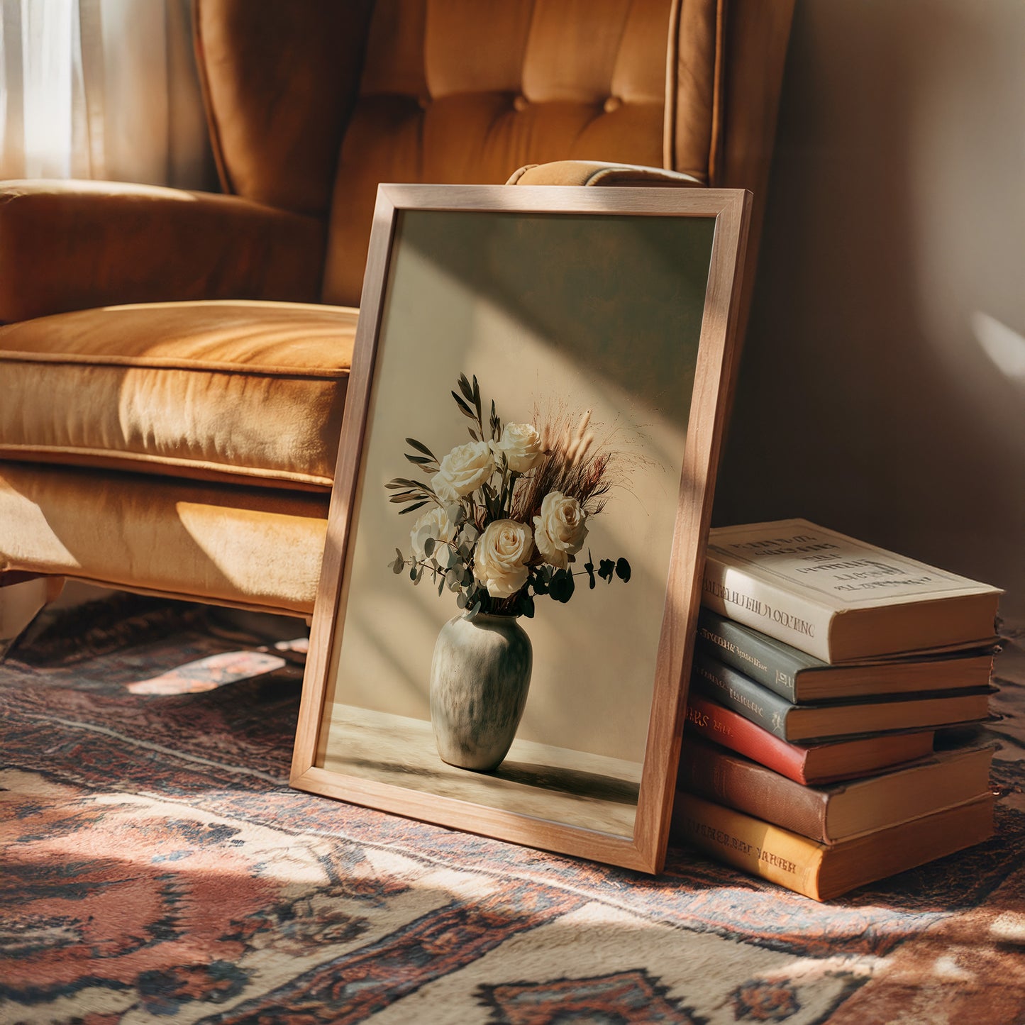 Cream Roses & Eucalyptus in Shadow Light