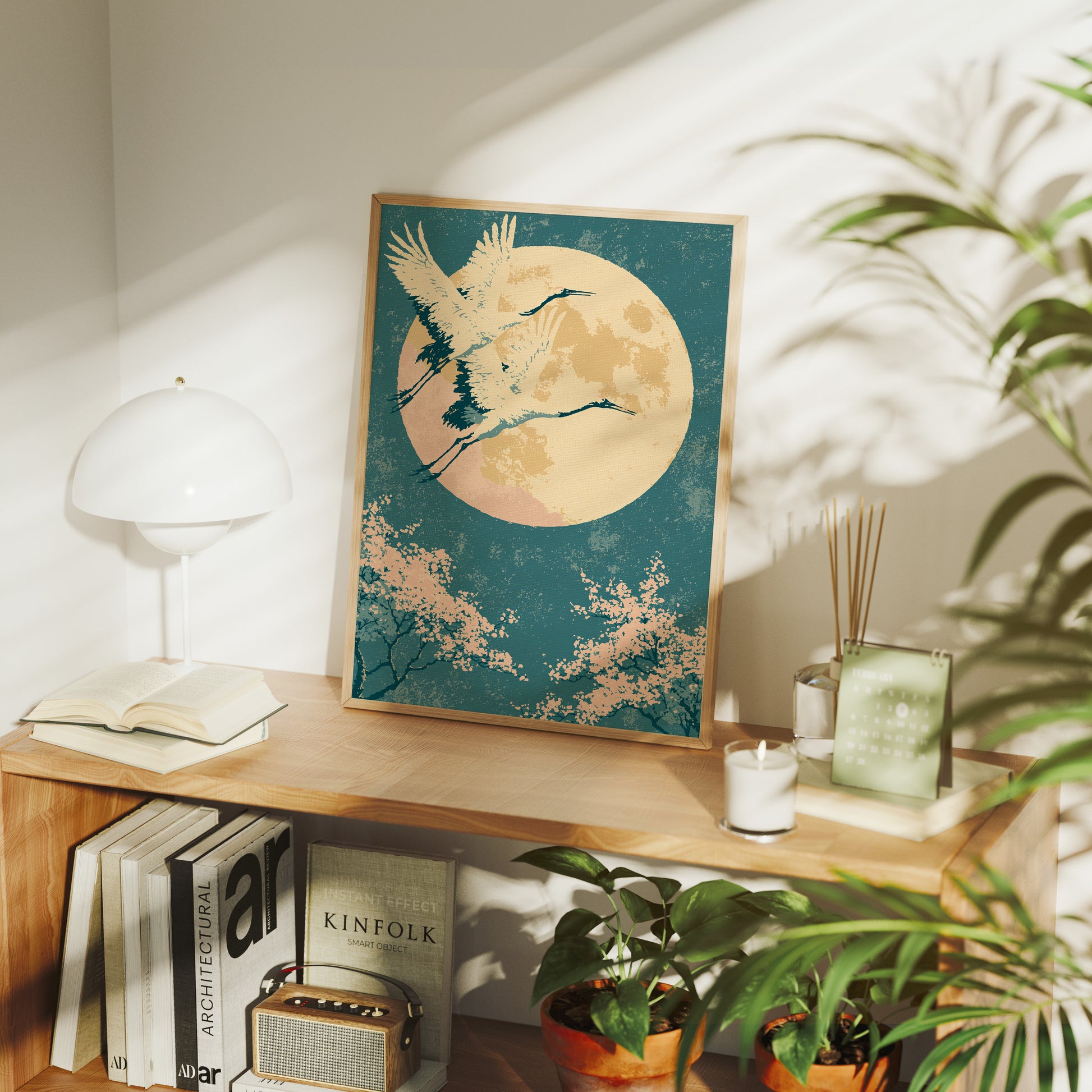 Crane Beneath Blossoms and Moon
